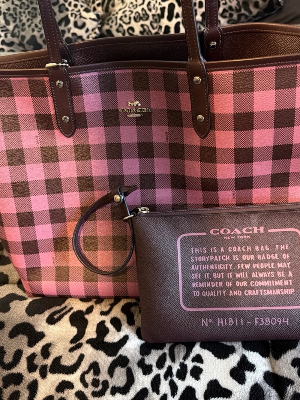 Coach Pink and Brown Plaid Tote with Matching Wristlet